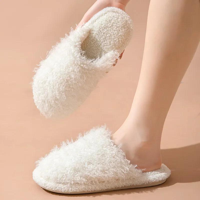Fashion Women's Slippers 2024 New Autumn Winter Rolled Cotton Plush Flat Toe Comfort Warm Lightweight Home Flat Bottomed Cotton Slippers