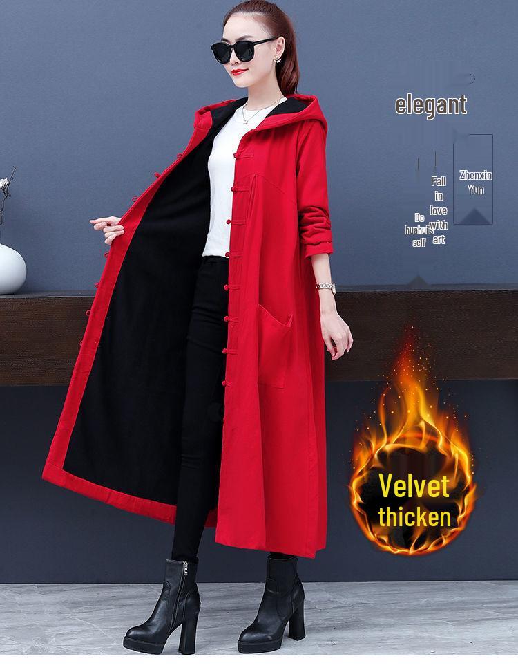 2025 Women's Warm Retro Ethnic Trench Coat - Fleece-lined, Thickened, Plus Size for Autumn/Winter