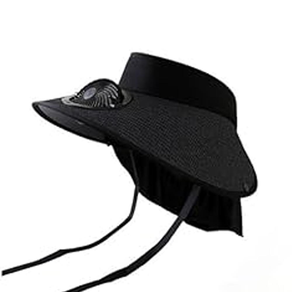 Breathable Wide Brim Fan Hat Straw Design UPF 50+ Solar Powered Hat Wide Brim Solar Powered Cooling Headwear Outdoor чёрный