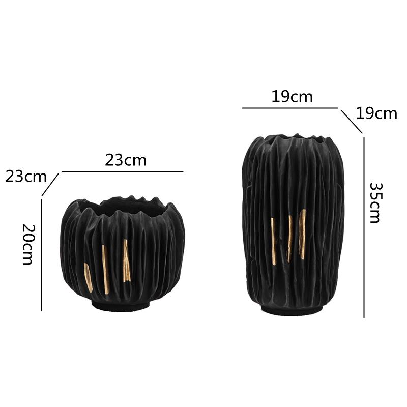 Harzvase Schwarz Gold Knittertextur Abstraktes Harzhandwerk Ornament Blumenarrangementszubehör Heimdekoration Vasen Töpfe