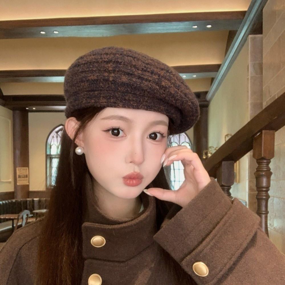Polyester Women Knitted Beret Hat Spring Summer Girls Vintage Beret Hat Casual Wear