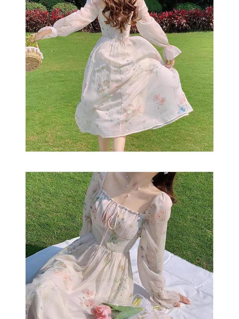 2025 Floral Chiffon Tea Dress: Sweet Long Sleeve French Princess Style