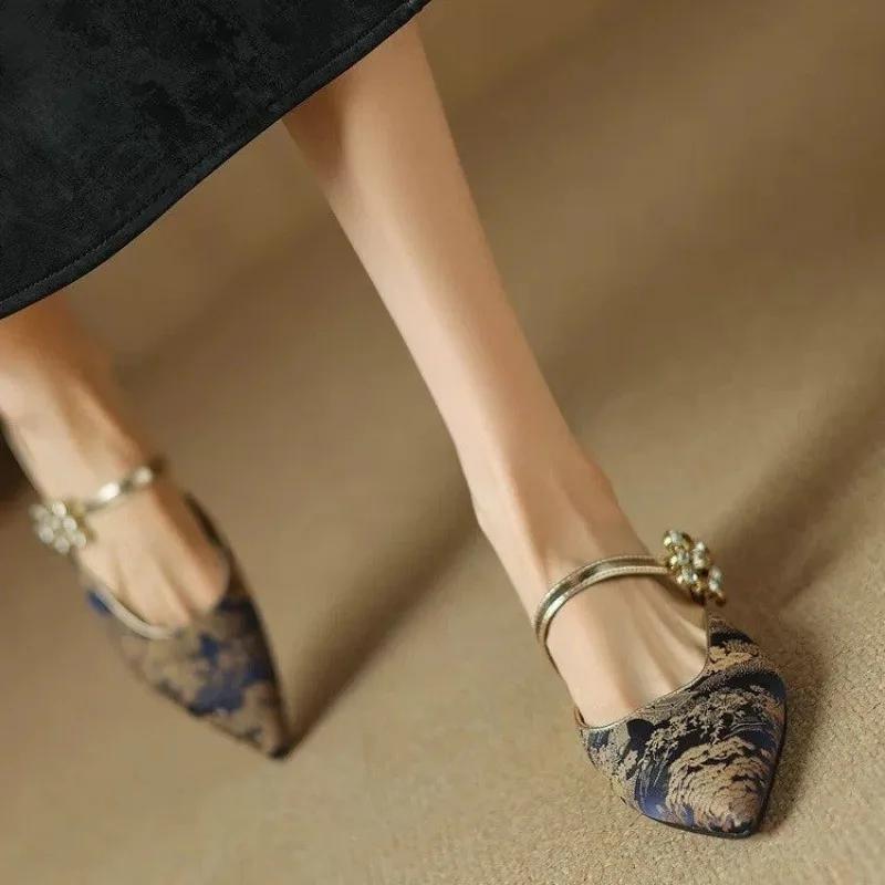 Woman Loafers Female Slippers Thin Heels Flock Luxury Slides Cover Toe Med New Designer Flat Fabric Fashion Elegant