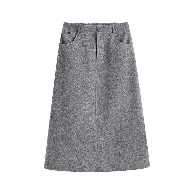 Woolen Half-Skirt: Women's 2025 Winter Brown-Gray Casual Slit Midi Skirt