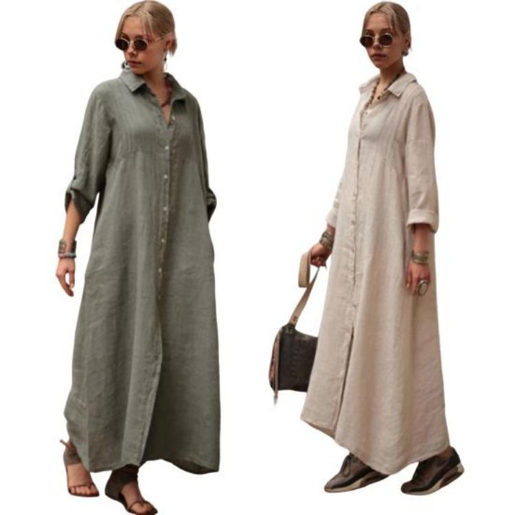 Women Summer Maxi Dress Loose Turn Down Collar Long Sleeves OL Cardigan Commute Daily Wear Pure Color Single Breasted Long Dress