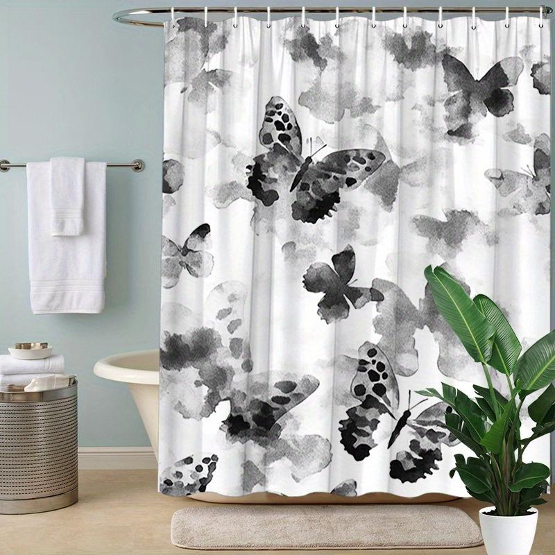 Delicate Butterflies Watercolor Shower Curtain - Soft Black & White, Abstract Dreamy Background, Polyester