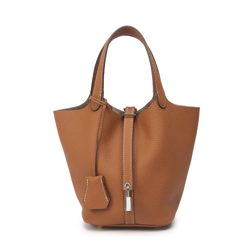 

High-End Genuine Leather Women s Bucket Bag with Gold and Silver Buckles - Large Capacity, Exquisite Litchi Grain