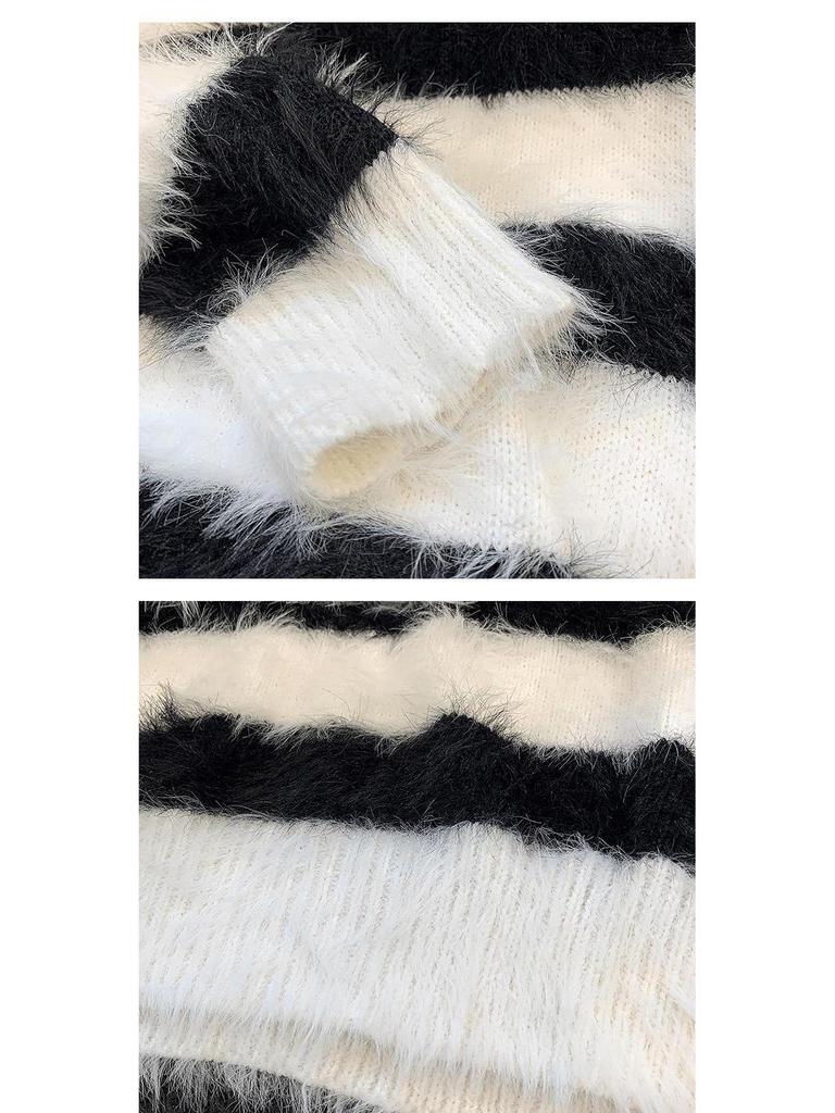 Men's Thick Striped Mink Velvet Sweater - Loose Fit Round Neck, Trendy Teen/Student Sports Knitwear for Autumn & Winter