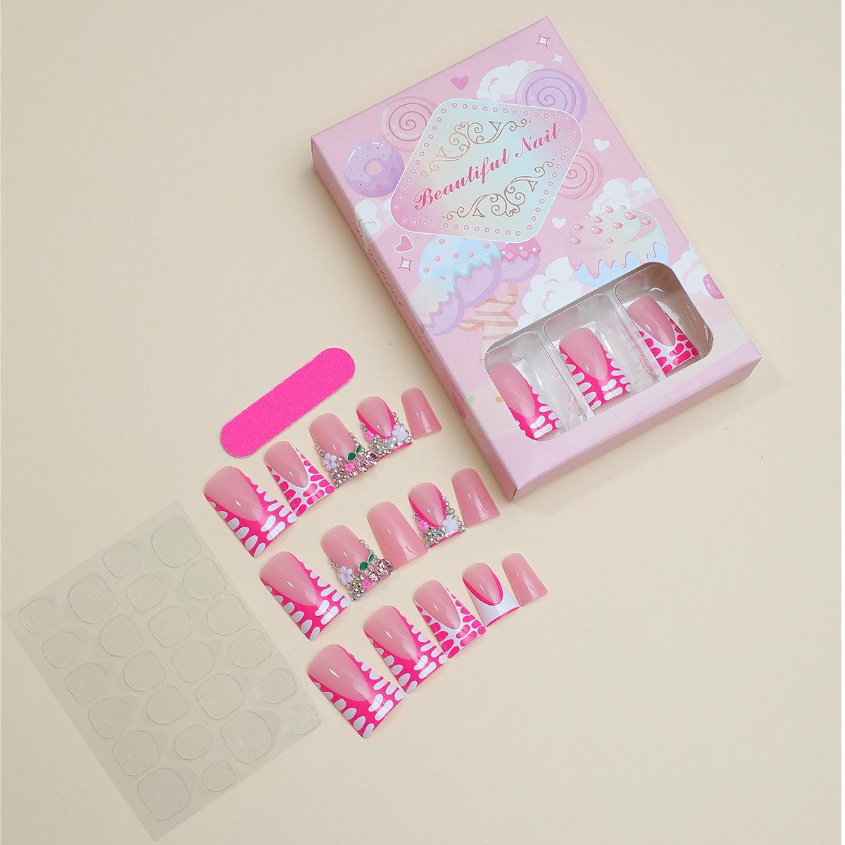 

French Duckbill Shape Wear-On Nails with Crushed Diamond Cherry Design