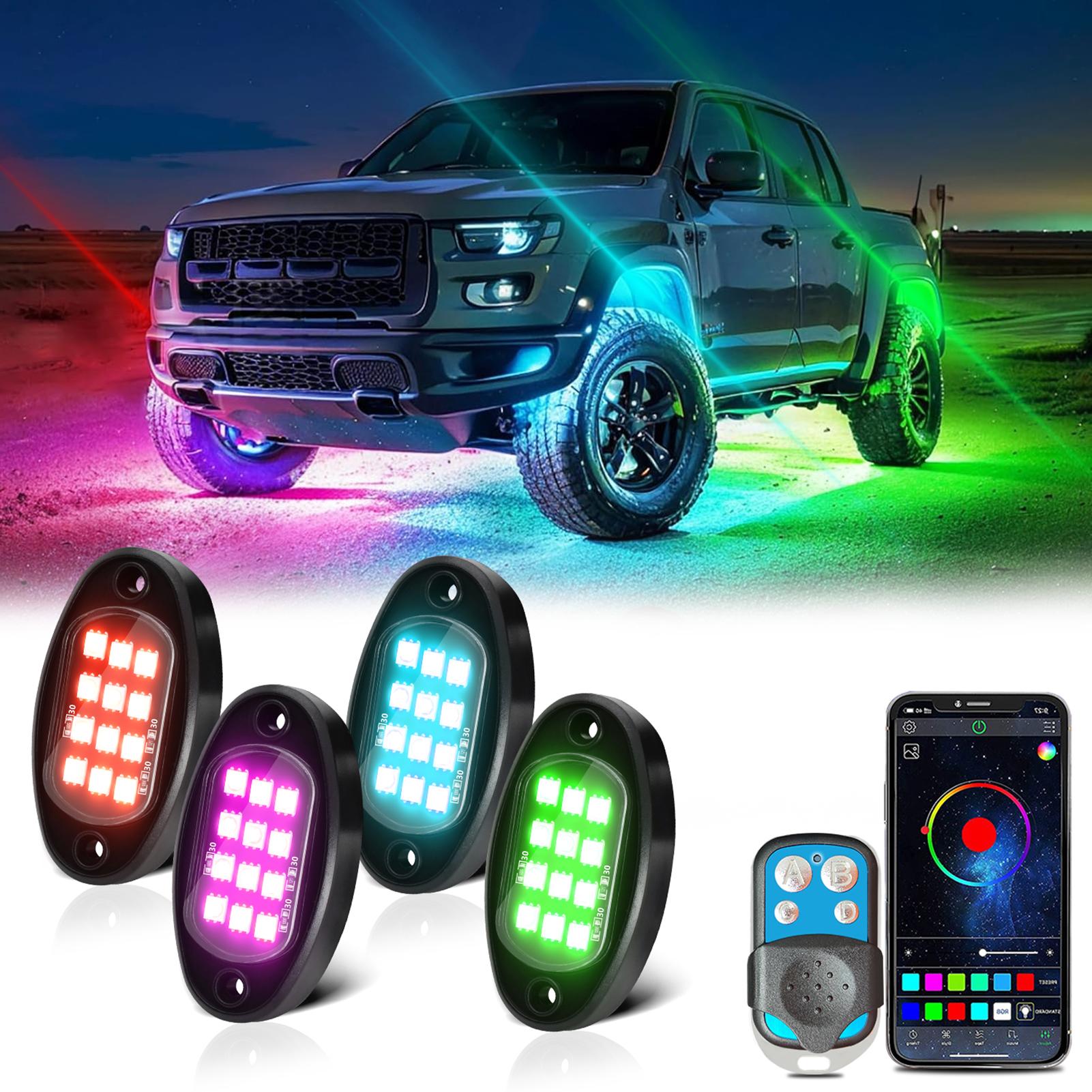 

Светодиодные фонари Rock Lights 8 шт. Многоцветные светодиодные фонари с регулировкой яркости Водонепроницаемые с ключом APP BT 4 4pcs with 4key remote чёрный