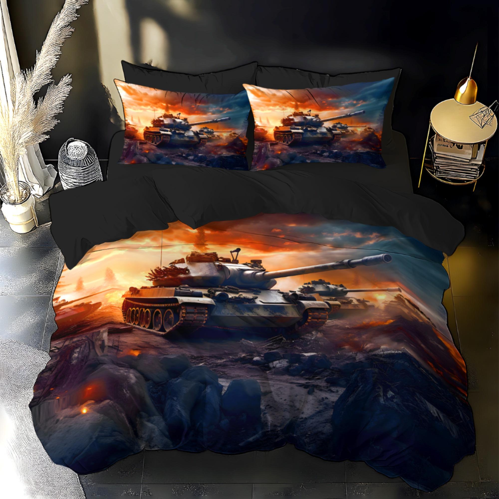 Bedding Digital Printed Quilt Cover Set Featuring A 3D Three-Dimensional Tank Pattern. Super Soft Brushed Digital Printed EU Twin(135x200cm)