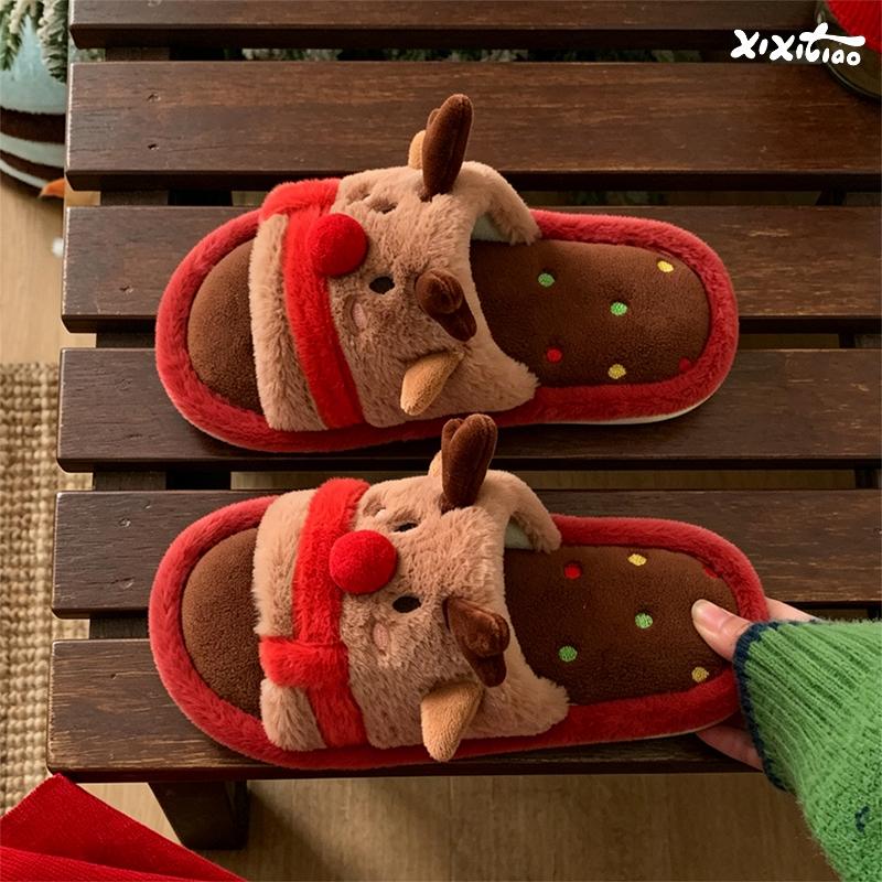 Christmas Reindeer Cartoon Plush Slippers Men Women Winter Comfortable Light Bedroom Shoes Furry Home Open-toed Slides