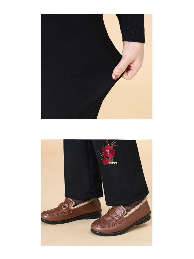 Women's Winter Embroidered Floral Cotton Pants, Loose Fit, Elastic Waist, for Middle-Aged & Elderly, Plus Velvet, Straight-Leg.