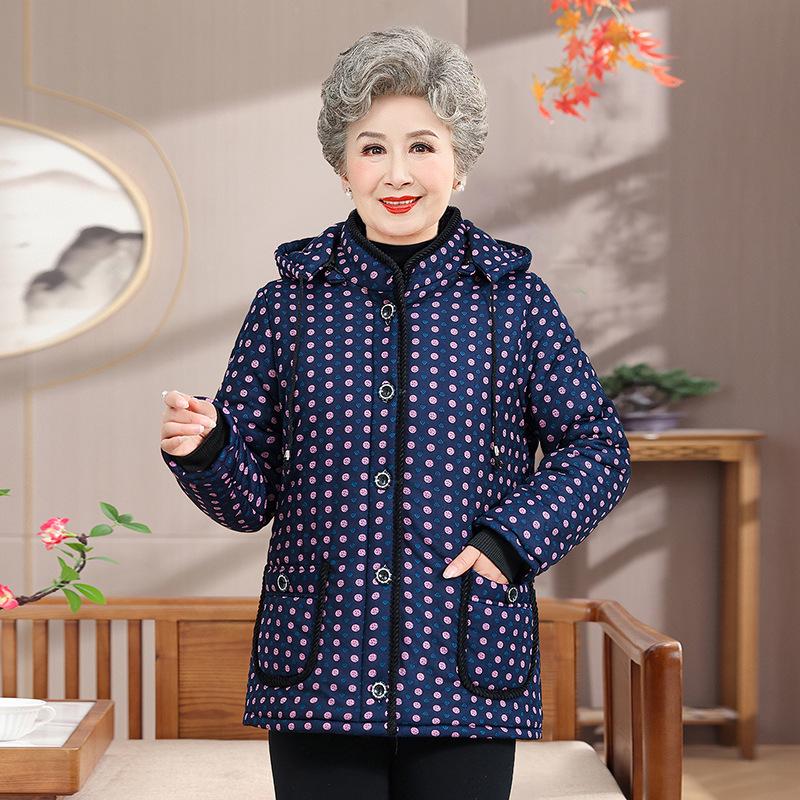 

Grandma s Hooded Winter Cotton Jacket with Fleece for Elderly Women - Cozy Autumn & Winter Wear 2XL темно-синього кольору