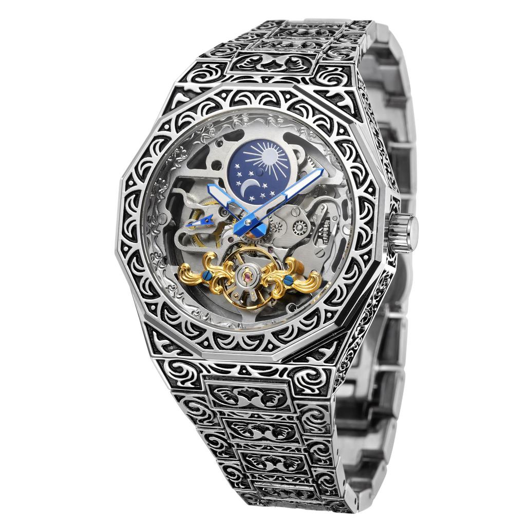 FORSINING Mens Luxury Engraving Wrist Watches Unique Tattoo Pattern Carved Stainless Steel Band Luminous Automatic Skeleton Watch