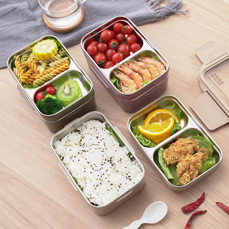 Portable Two-layer Lunch Containers Stainless Steel Lunch Box Large Capacity Food Container Bento Box for Kids School Office rosa