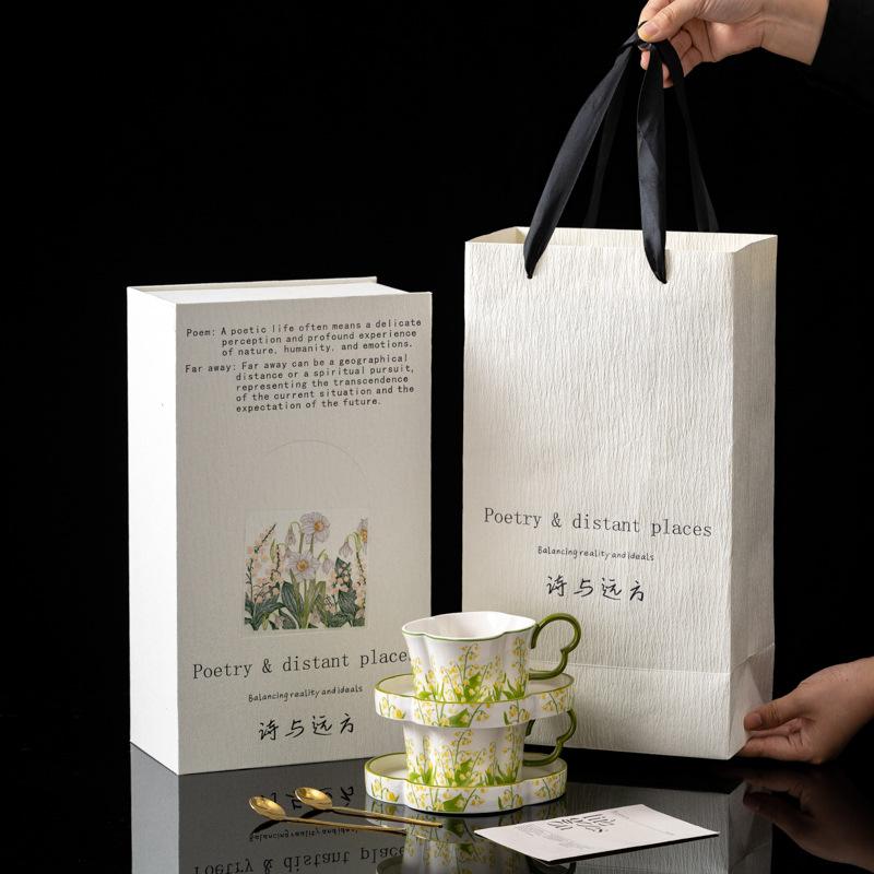 Retro Oil Painting Lily of The Valley Blooming Coffee Cup and Saucer Set Ceramic Coffee Cup Gift Box  Stylish Souvenir