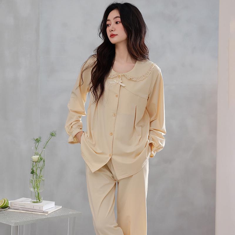 Women's Cotton Pajama Set: Cardigan, Long Sleeve, Long Pants with Chest Pad – Fashionable and Casual Autumn Homewear