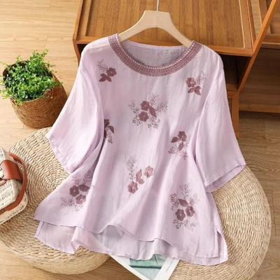 Retro Embroidered Floral Cotton and Linen Mid-sleeve T-shirt for Women Summer Thin Loose Versatile Casual Round Neck Shirt Top for Women