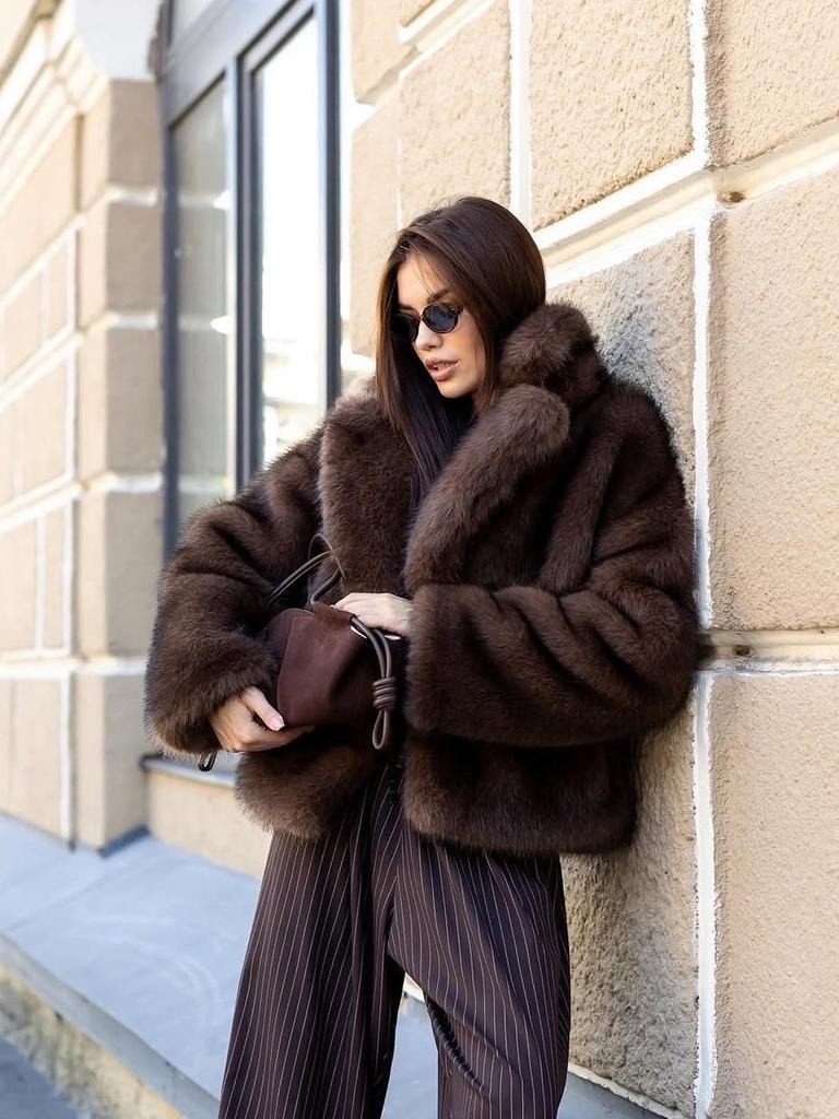 Russian women's brown imitation fox fur coat winter warm fashion artificial fur coat