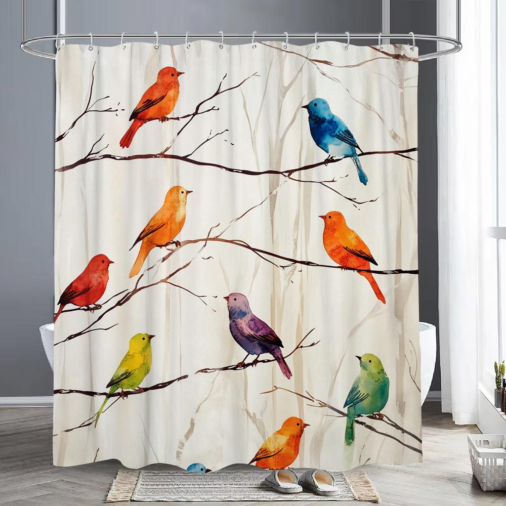 Modern style colorful birds Shower Curtain, Bathtub Bathroom Decorative Shower Curtain, Waterproof Shower Curtain with Hooks