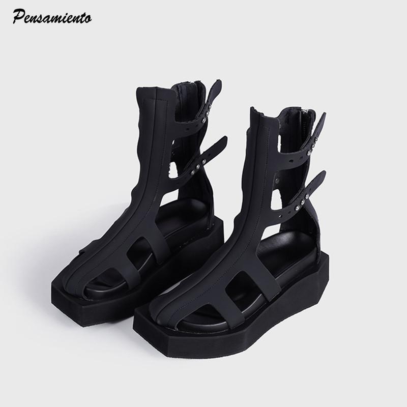 Ins Style Black Square Toe Wedges Women Summer Sandals Boots Casual Flats Zipper Gladiator Sandals Girls Chunky Shoes