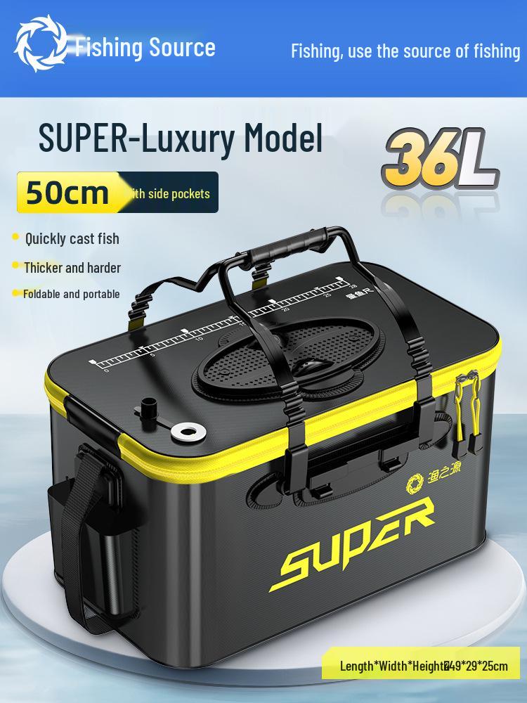 Pogrubione wiadro na żywe ryby z koszykiem na przynęty i ochraniaczem na ryby