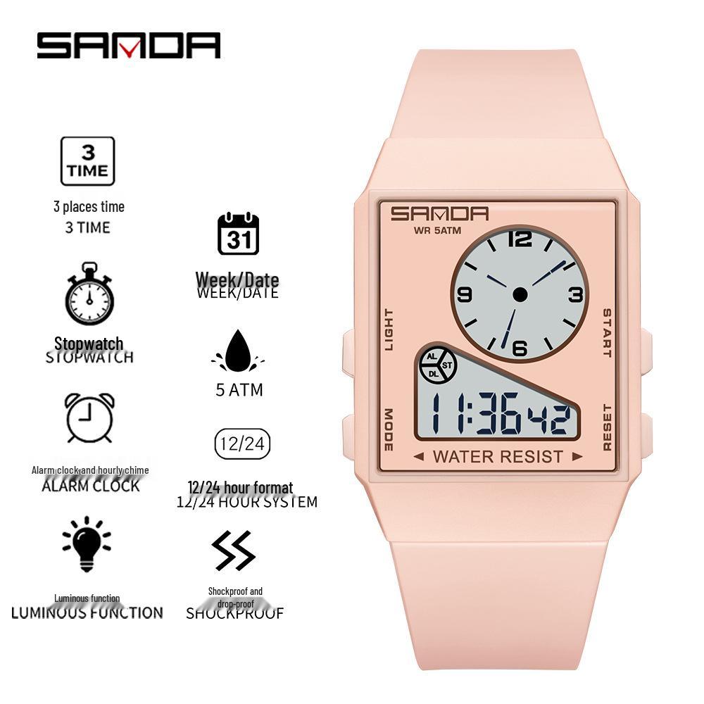 Sanda Lightweight Minimalist Sports Watch: Multi-functional Square Electronic Wristwatch for Men and Women