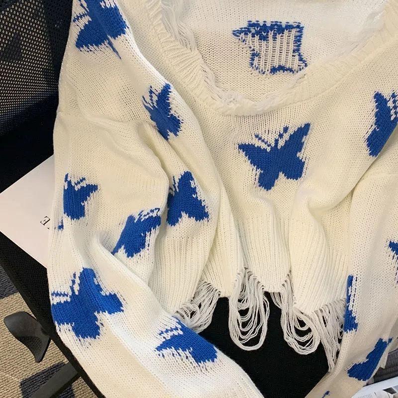 Butterfly Printed Short Sweater Sweet Women's Knitted Pullover Short Top Irregular Tassel Hem Collar Design Wide Truffle Shoulder Thin Sweater