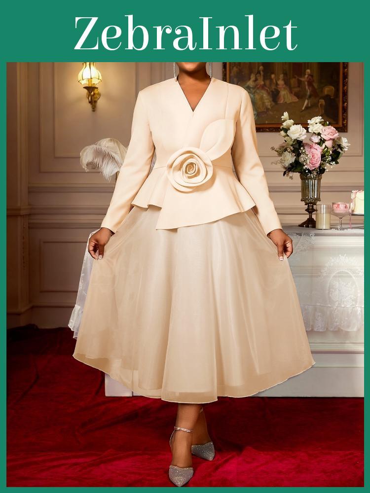 A Line Dress Women Elegant V Neck Long Sleeve 3d Flower Peplum Patchwork Mesh Wedding Guest Church Party Outfit