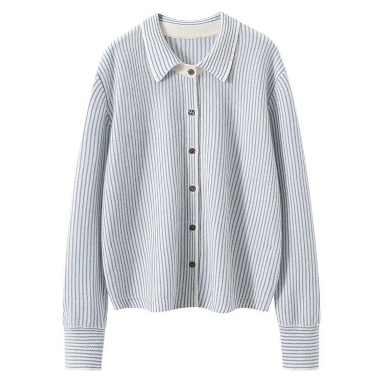 Women's Pure Cashmere Stripe Knit Polo Collar Cardigan Sweater - Autumn/Winter Long Sleeve