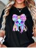Shiny Galaxy Skull With Colorful Glitter Bow Sparkle Art Graphic Womens T Shirt Short Sleeve Crew Neck Casual Ladies Tee Tops