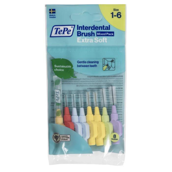 Brossettes Interdentaires - TePe - Extra-souples - Multi-tailles ISO 1 À 6 - 8 Unités - Brins Doux