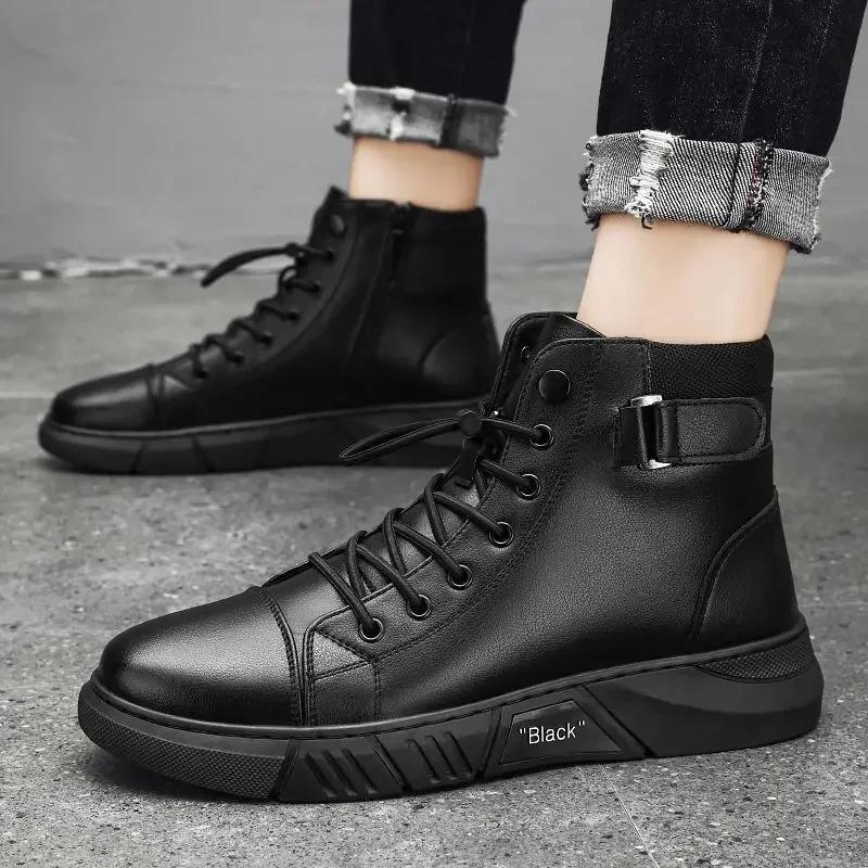 Fashion Ankle Boots Black PU Leather Men's Sports Shoes Autumn Winter Comfortable High-top Casual Fashion Platform Boots Man Round Head