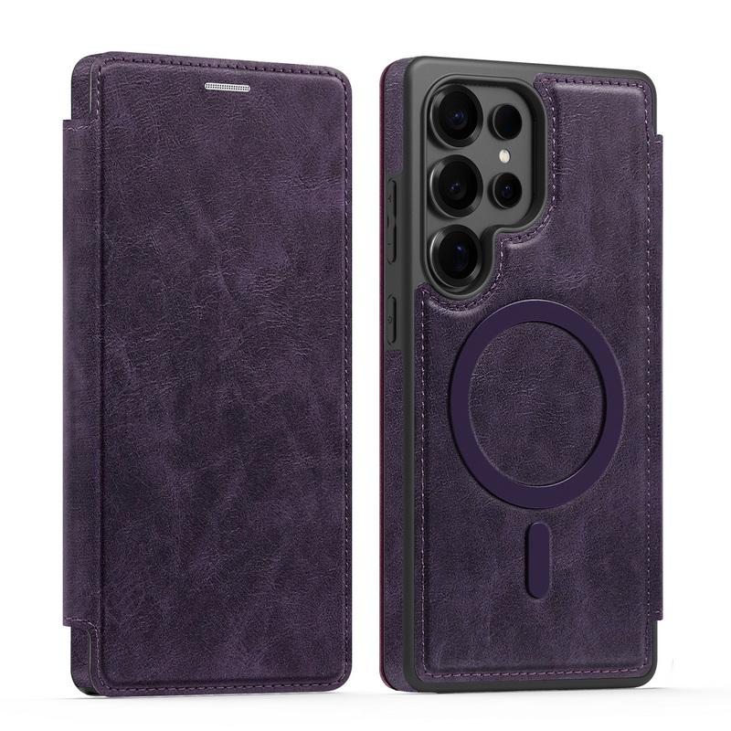 

Роскошный откидной кожаный чехол с отделением для карт и магнитной застежкой для Samsung Galaxy S25 Edge S24 FE S23 Ultra S22, поддержка беспроводной зарядки, противоударный, однотонный чехол для телефона Samsung S24 FE темно-фиолетового