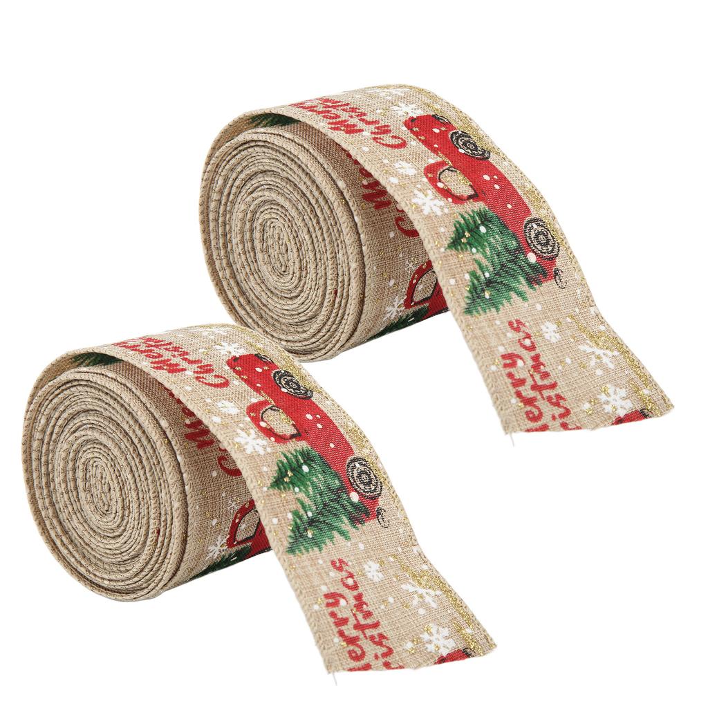 2Pcs Christmas Ribbons Cartoon Retro Truck Pattern 5 Meters Decorative AccessoriesHemp