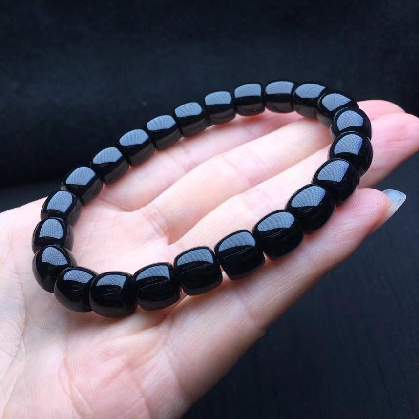 Natural Black And White Agate Straight-Cut Plate Bead Bracelet, Black Barrel Old Bead Fashion Bracelet Gifts For Men And Women
