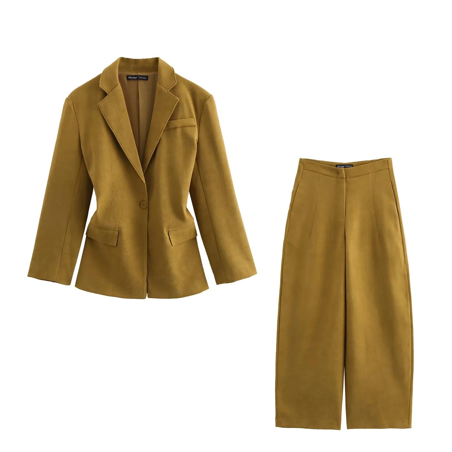 

European American Retro Slim Fit Suit Jacket & Wide Leg Pants Set for Women L
