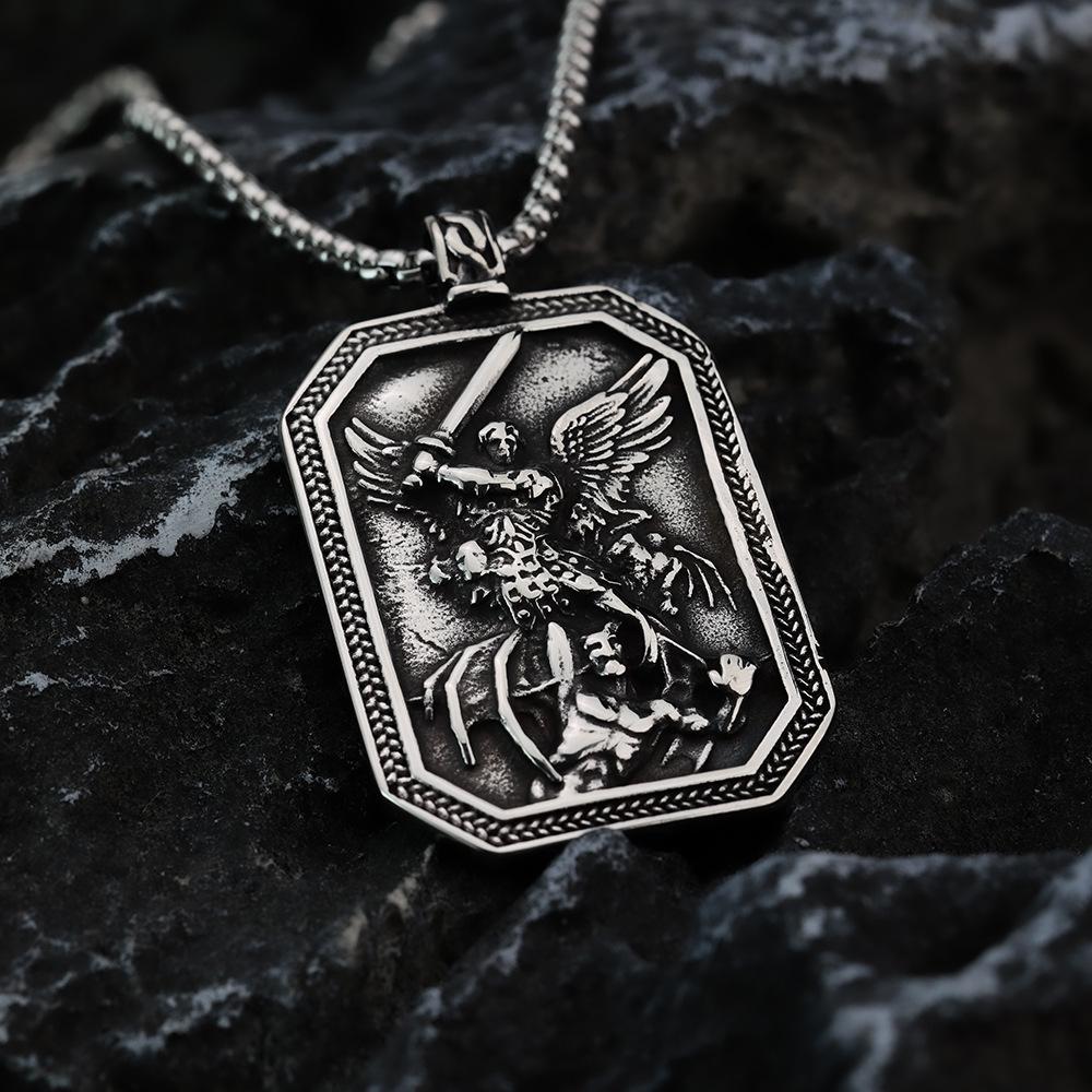 Men's Titanium Steel Necklace with Angel Knight Pendant - Retro Hip Hop Style