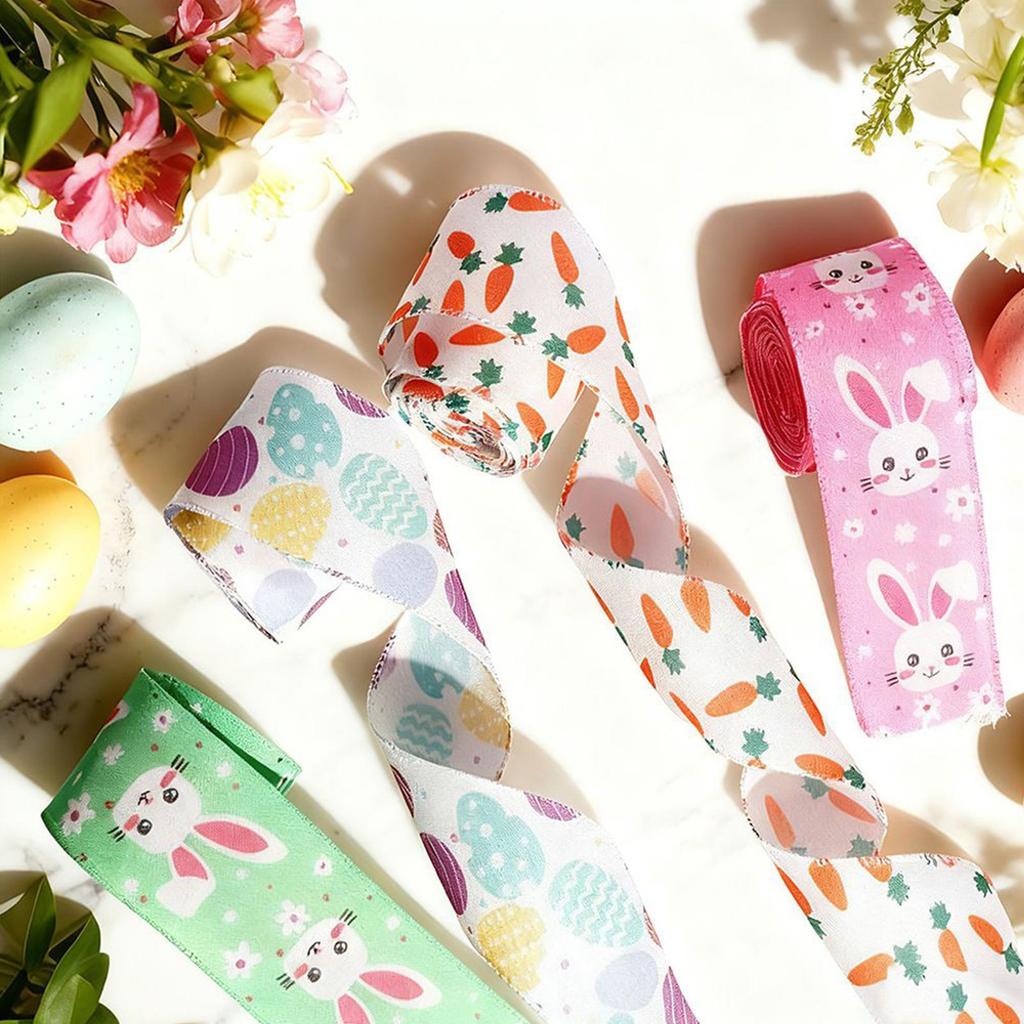 4pcs Easter Wrapping Ribbons Rabbit Easter Egg Printed Fabric Craft Ribbons for Gift Packaging Wreath Bow Crafts Party Decor