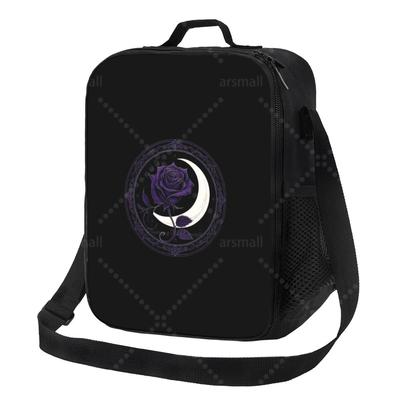 Rose And Moon Printed Lunch Bag with Adjustable Shoulder Strap Reusable Thermal Bento Tote for Work Picnic Beach