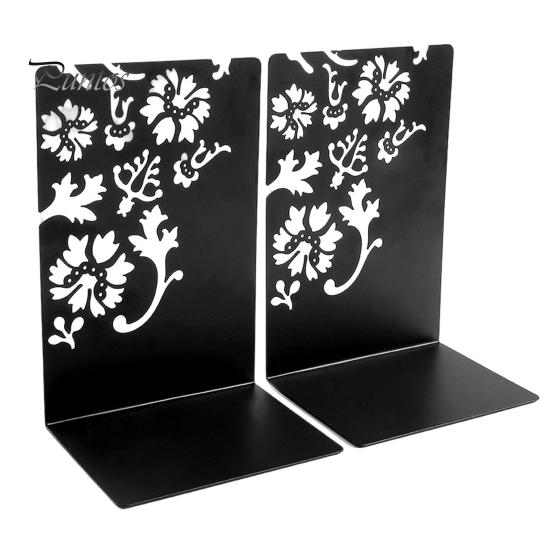 L-shaped Bookend 2PCS Metal Bookends, L-Shaped Reinforced Support Book Holder, with Non-Slip Flower Pattern Pads, Hollow Floral Design for Bookshelves
