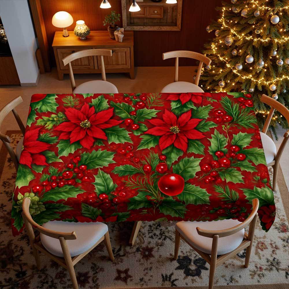 Christmas Theme Round Table Cloth, Red Flower Green Leaf Berry Pattern, Table Decoration Cloth, Festive Atmosphere
