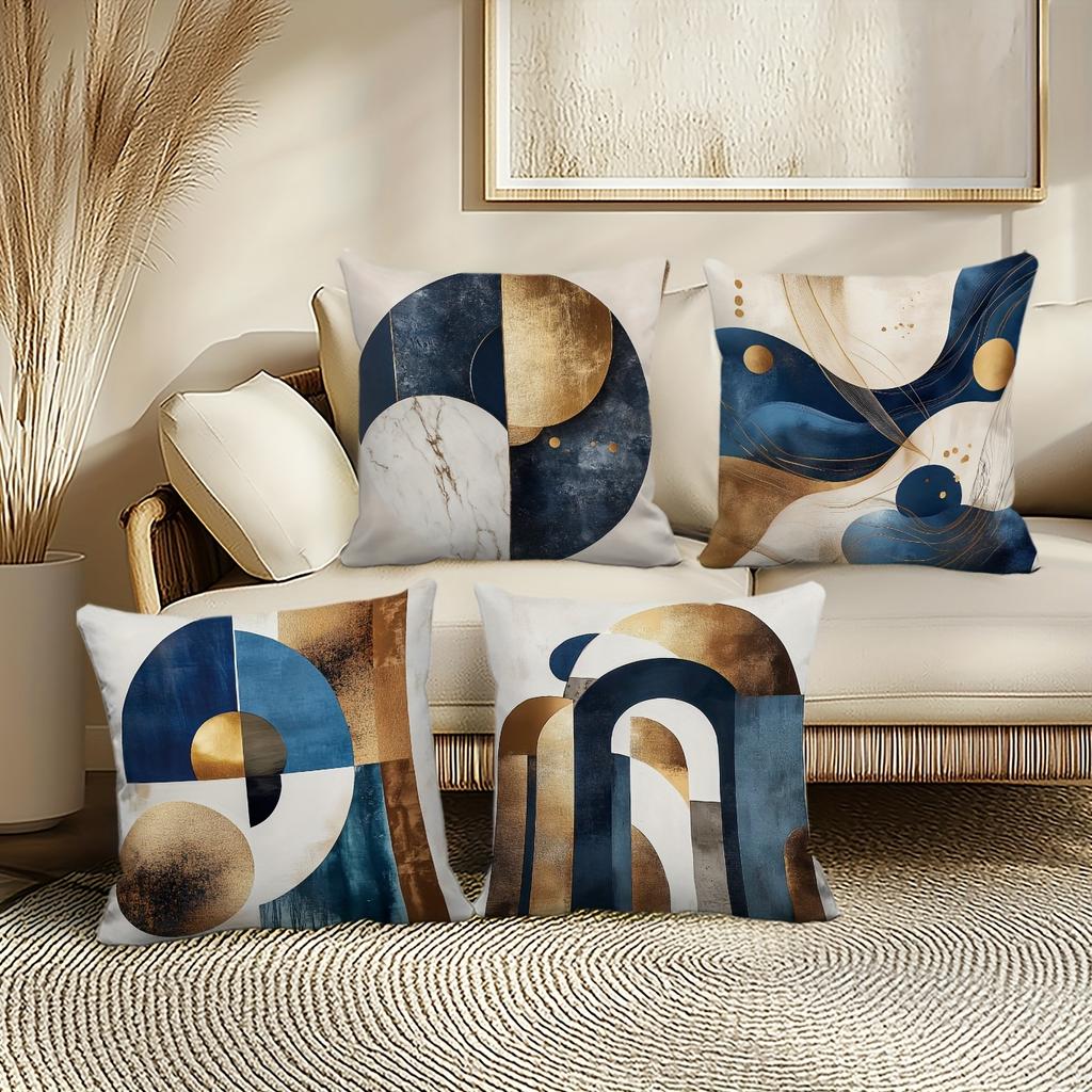 4pcs Linen Pillow Covers 45x45cm Abstract Art Cushion Cases Blue Gold Marble Geometric for Sofa Bed Decor Zipper Closure