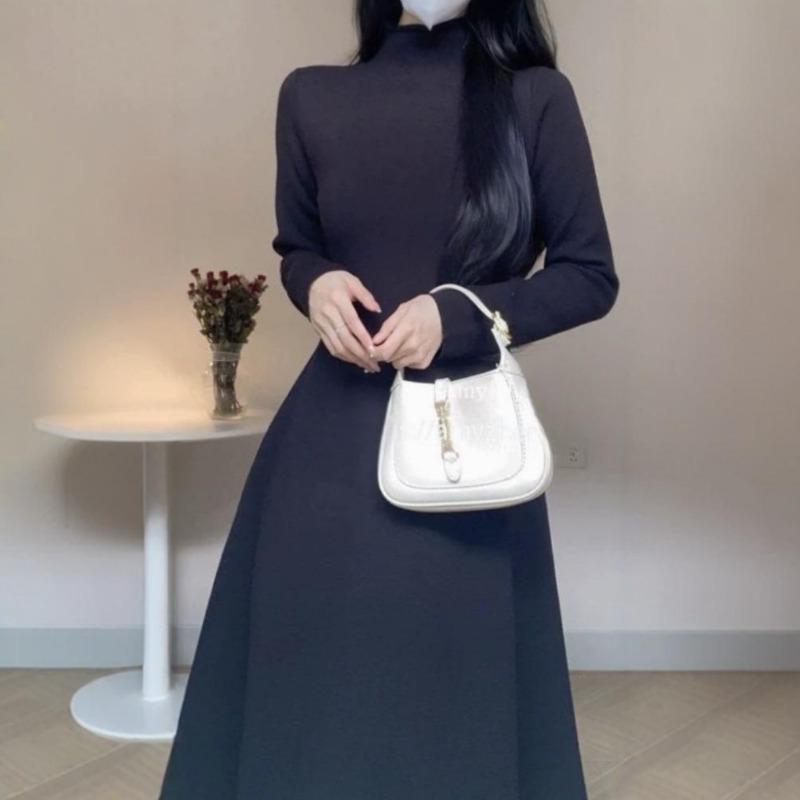 Knitted Primer Dress Autumn and Winter New Long Knee-length Sweater Skirt Semi-high Neck Waist Slim A-shaped Skirt