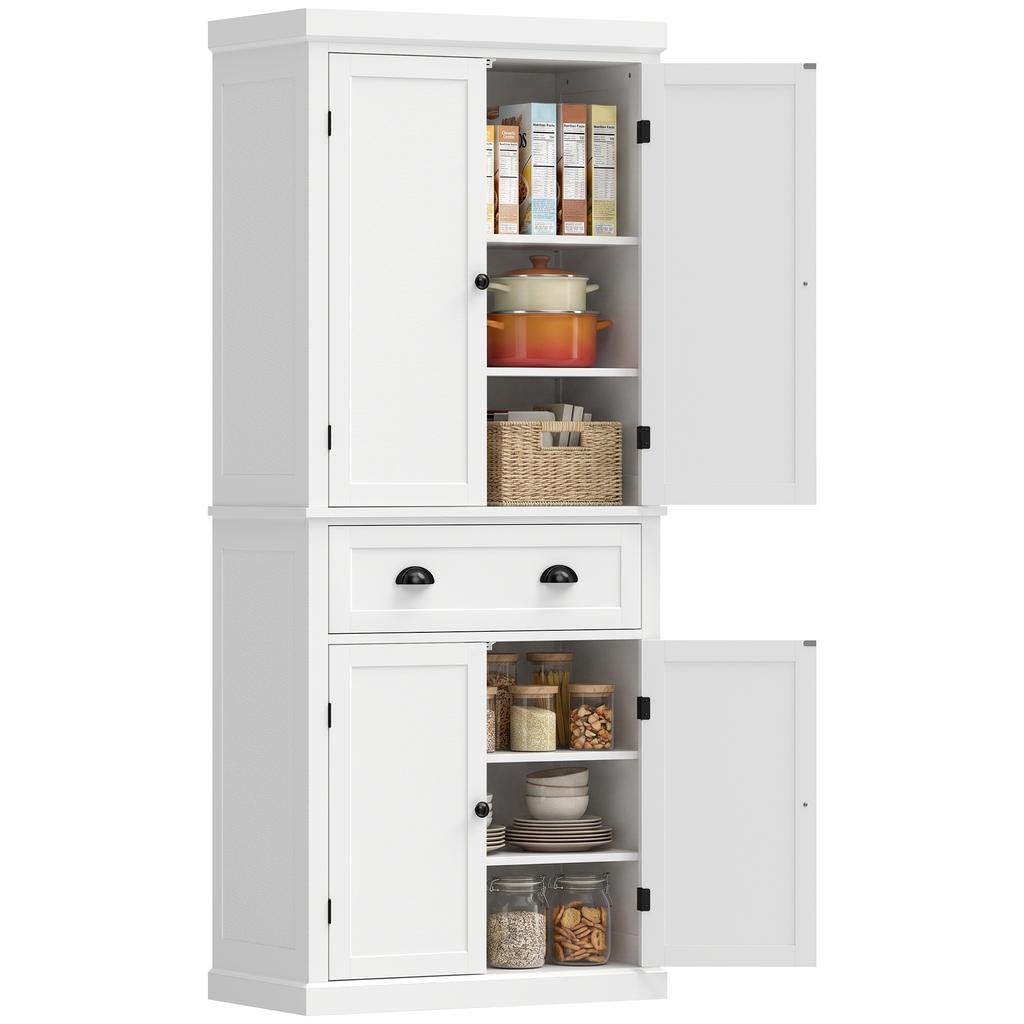 Tall Kitchen Cupboard, 183 Cm Freestanding Storage Cabinet with Drawer, 4 Doors and Adjustable Shelves, White