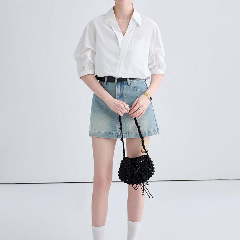 V-neck Short Sleeved Polo Neck White Shirt Women's Commuting Elegant Solid Colour Loose Blouses Thin Top Spring and Summer