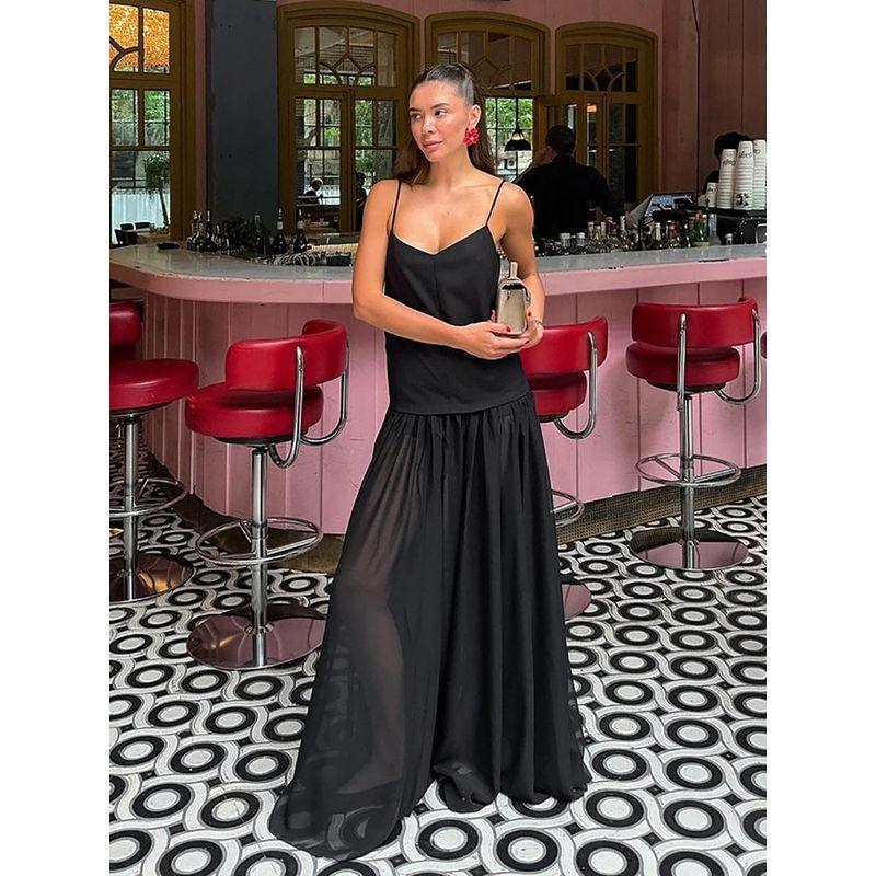 French Style Patchwork V-neck Strap Dress Stylish Fashion Sexy Backless Spaghetti Straps Long Dress Spring and Summer