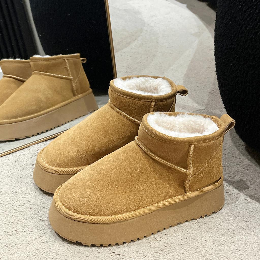 thick-soled snow boots women's winter real cowhide piled thickened bread shoes short tube student cotton shoes