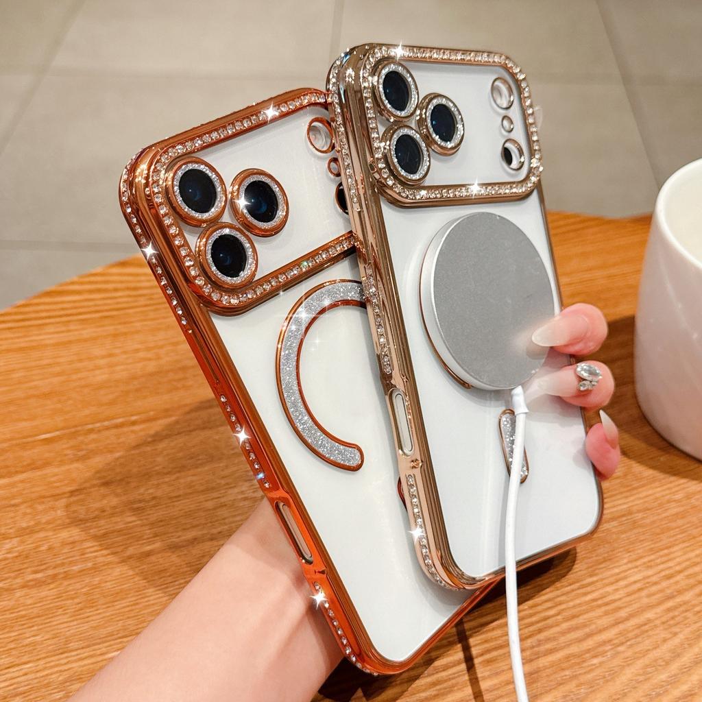 IPhone17PROMAX Plating Flash Powder Diamond Magnetic Suction Phone Case Suitable for Apple 16 Advanced Sense Anti Fall Soft Case
